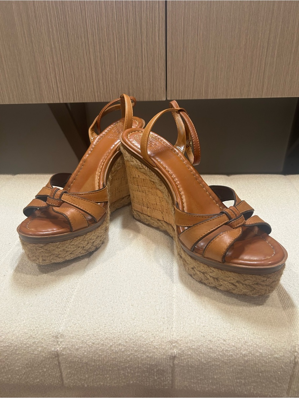 Vince Camuto Tan Leather Espadrille Wedge Sandals